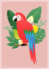Tropical vector illustration with a parrot and plants.