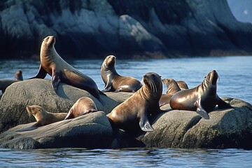 Group of Elephant Seals Resting on Rocks by the Water - AI Generative