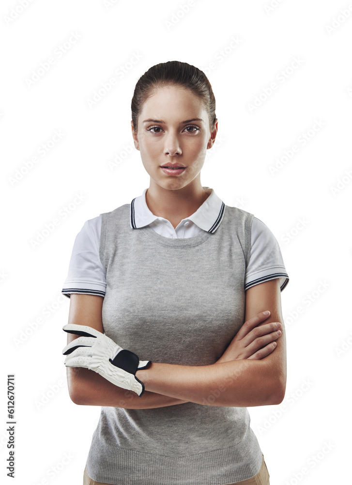 Wall mural Golf, arms crossed and portrait of woman on transparent background for fitness, competition and game. Hobby, champion and exercise with face of female person isolated on png for golfer and athlete