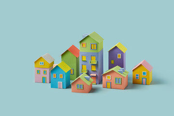 Handcraft cute houses made of multicolor paper.