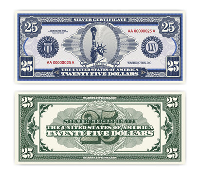 Vector blue banknote obverse and green reverse silver certificate of 25 US dollars. Oval, liberty and guilloche frame. American paper fictional money.