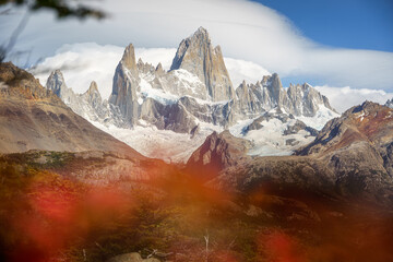 Fitz Roy mountain framed by autumn trees