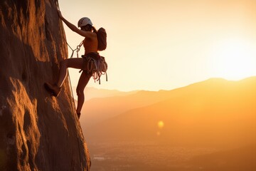 Adventurous Thrills: Rappelling Down a Mountain, Climbing with Ropes at Sunset, generative AI