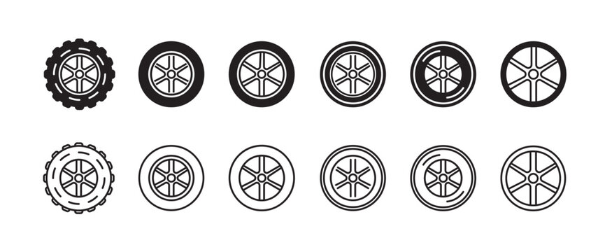 Set Of Car Wheel Icon Tire Service Alloy Wheels Vector Off Road Icon On White Background. For Logo Banner Web App Design - SVG File