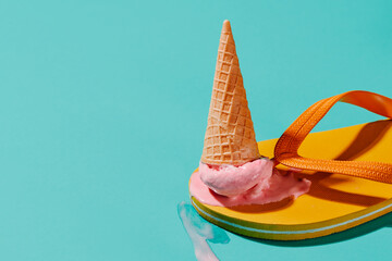 ice cream cone dropped on a flip-flop