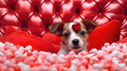 Cute puppy dog with love hearts. Valentines day concept. Generative ai 