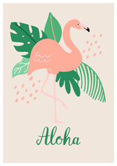 Vector illustration of a flamingo and tropical leaves.