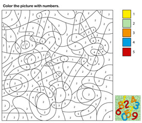 Coloring page with numbers are represented the colors among the black lines. Vector image with color swatches.