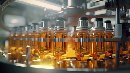 an automated production line manufacturing glossy luxury cosmetic packaging filled with amber liquid in a spotlessly clean and modern factory. generative AI