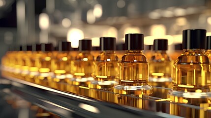 an automated production line manufacturing glossy luxury cosmetic packaging filled with amber liquid in a spotlessly clean and modern factory. generative AI