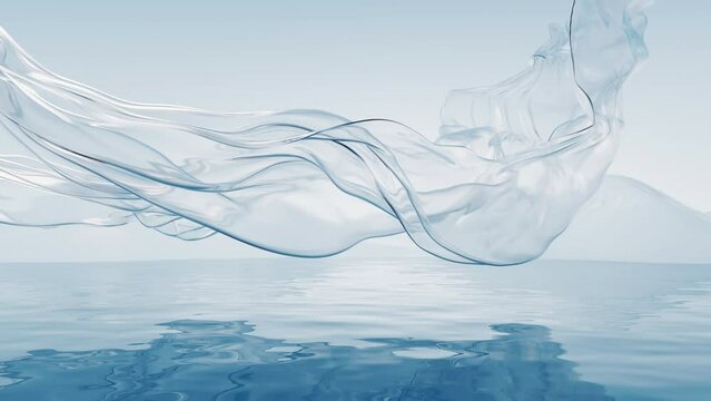 Flowing transparent cloth with water surface, 3d rendering.