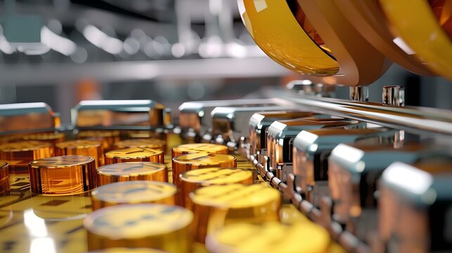 An Automated Production Line Manufacturing Glossy Luxury Cosmetic Packaging Filled With Amber Liquid In A Spotlessly Clean And Modern Factory. Generative AI