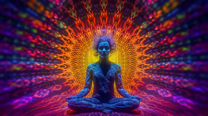 psychadelic chakra activation imagery during the peace and love era with depth of field and vibrant 1970's colors	