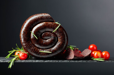 Traditional European black pudding or blood sausage with rosemary and tomatoes.