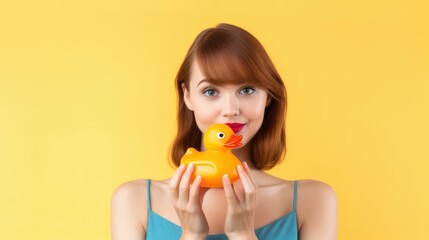 Woman holding rubber duck with generative ai	