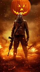 Fototapeta premium Spec Ops Hell Warrior Soldier Blow Up Action Scene Weapon, Halloween Jak o Lantern Fighter Exploding Cinematic Blaze, Generative ai