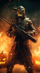 Spec Ops Hell Warrior Soldier Blow Up Action Scene Weapon, Halloween Jak o Lantern Fighter Exploding Cinematic Blaze, Generative ai