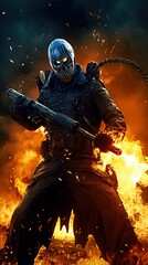Fototapeta premium Spec Ops Hell Warrior Soldier Blow Up Action Scene Weapon, Halloween Jak o Lantern Fighter Exploding Cinematic Blaze, Generative ai