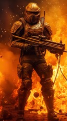 Fototapeta premium Spec Ops Hell Warrior Soldier Blow Up Action Scene Weapon, Halloween Jak o Lantern Fighter Exploding Cinematic Blaze, Generative ai