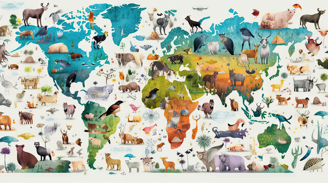 World map with cartoon animals background. Generative AI.