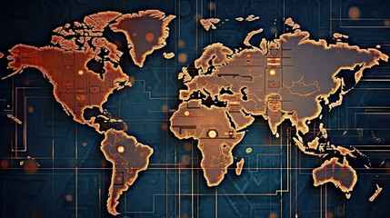 World map hi tech background. Generative AI.
