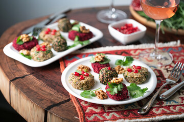 Gourmet Georgian appetizers Pkhlali served with wine.