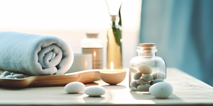 beauty treatment items for spa procedures on wooden table, massage stones, essential oils and sea salt