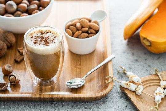 Tasty Gourmet Pumpkin Latte with Almond Milk, Cinnamon, Marshmallow