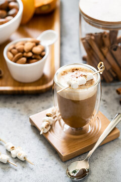 Tasty Gourmet Pumpkin Latte with Almond Milk, Cinnamon, Marshmallow