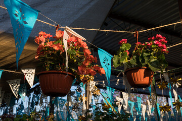 Red flower pot hanging from a ceiling 