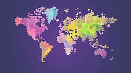 World map purple pixel background. Generative AI.