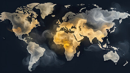 World map on smoke background. Generative AI.