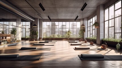 Yoga gym with a modern concrete interior. Generative AI