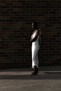 African American Woman Fashion Portrait In White Dress