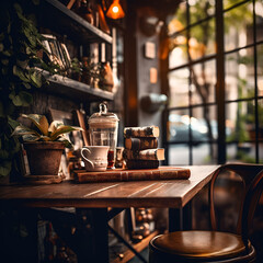 Fototapeta na wymiar This stunning coffee shop photograph featuring a cozy shelf and table setup, perfect for a cafe or restaurant decor. The bokeh effect in the background adds a touch of magic to the scene