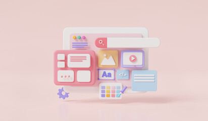 Web UI-UX design and programming. web design Software creator., Landing page template for the site, coding, user interface, user experience design. Software development concept. 3d render Illustration