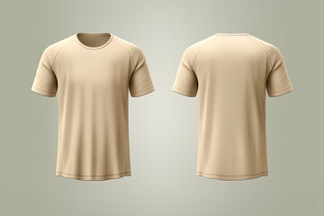 Beige male t-shirt realistic mockup set from front and back view, blank textile print design template for fashion apparel. Created with Generative AI Technology