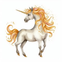 Naklejka na ściany i meble watercolor unicorn illustration, fairy tale creature, gold curly hair, fantasy animal clip art, isolated on white background, Generative AI