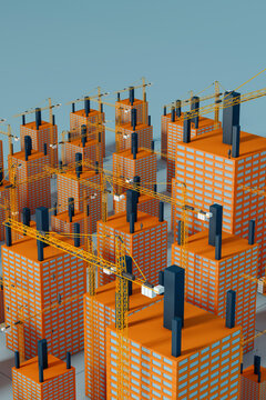 Construction of modern buildings with cranes on blue background.