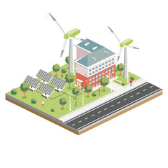Isometric Solar Panels with Wind Turbine. Green Eco Friendly House. Infographic Element.