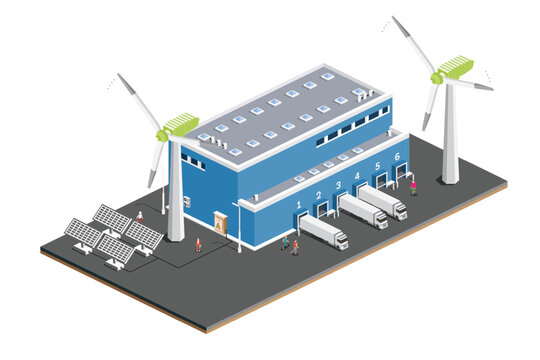 Isometric Distribution Logistic Center with Solar Panels with Wind Turbines. Warehouse Storage Facilities with Trucks.