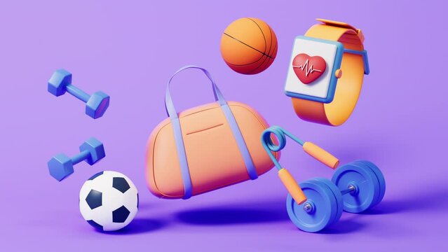 Loop animation of fitness elements with cartoon style, 3d rendering.