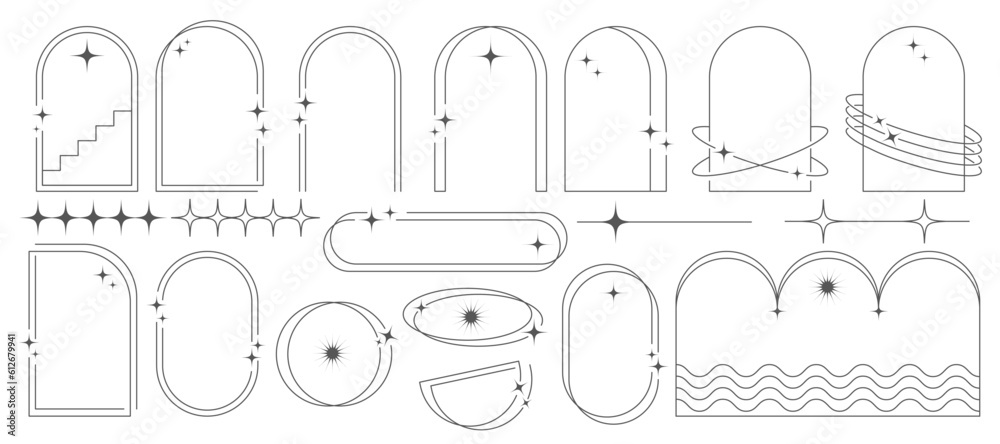 Wall mural aesthetic frames and shapes with stars. minimal y2k outline graphic design with sparkles. abstract m