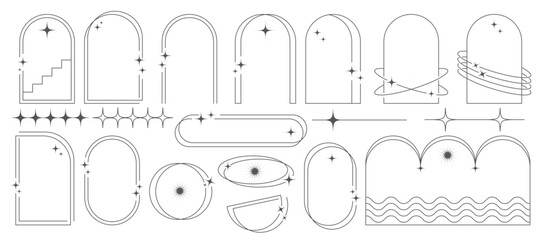 Aesthetic frames and shapes with stars. Minimal y2k outline graphic design with sparkles. Abstract minimalistic arches borders. Trendy boho geometric templates set. Vector illustration. © Chorna_L