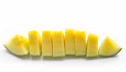 Yellow watermelon slices on white background.