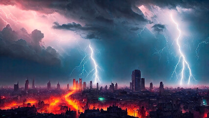 Lightning over the ruined city. AI Generative