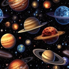 Fantasy Saturn Galaxy Seamless pattern