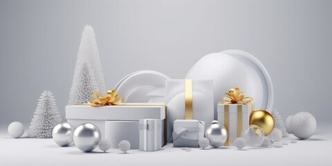 3d render, white silver background with Christmas ornaments, empty glass ball, wrapped gift boxes with golden ribbons and frozen spruce twigs. Traditional holiday, Generative AI