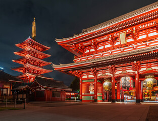 Night scenery of Historical landmark The Senso-Ji Temple in Asakusa, Tokyo, Japan. Japanese wordings on the architecture means "Senso-Ji Temple" and the wording on lantern means "kobuna town district"