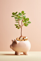 Plant grow from a piggy bank shape flower pot filled with coins. Conceptual investment still life. Generated by AI technology. - obrazy, fototapety, plakaty